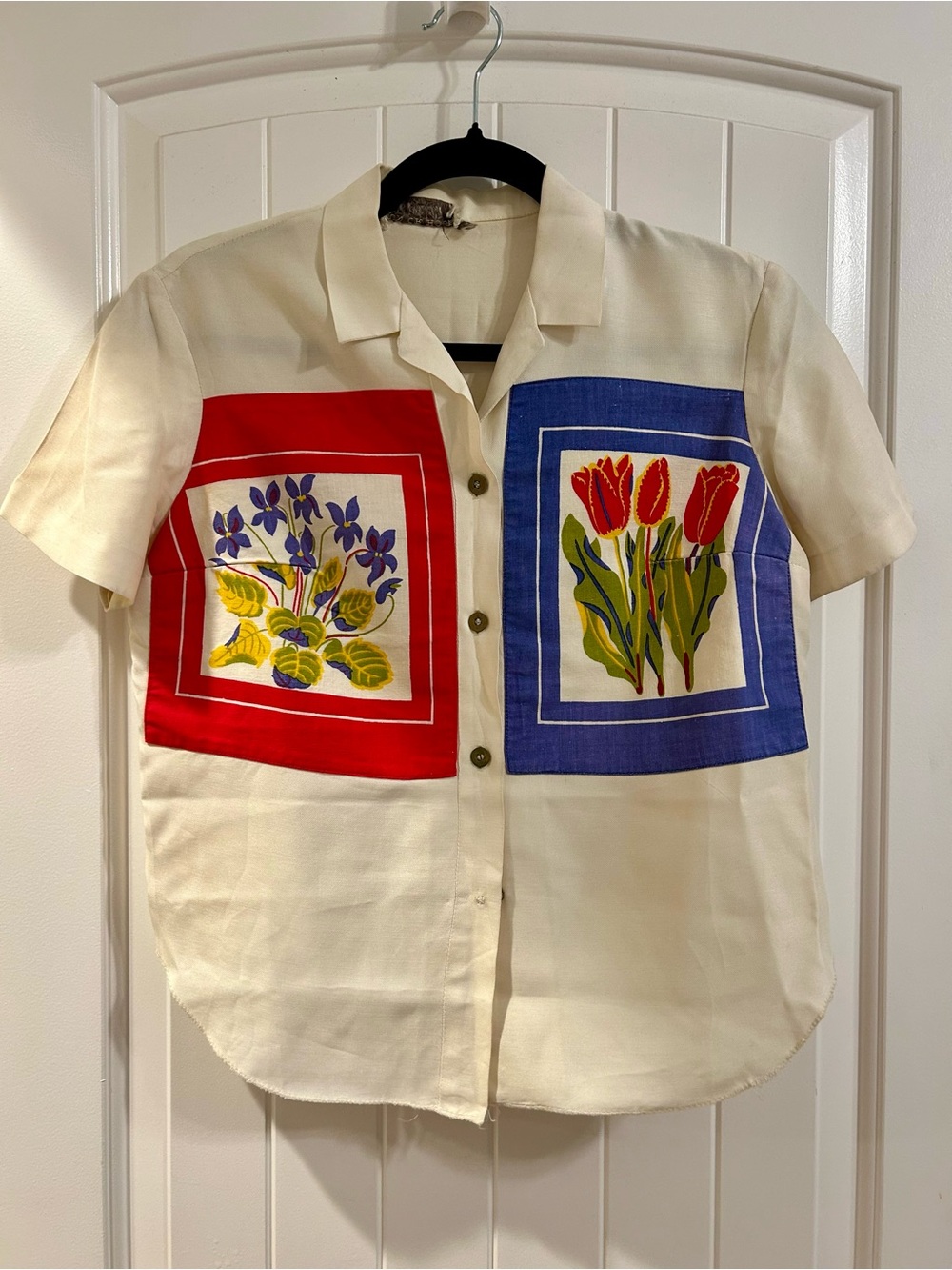 Cream Button-Down Short Sleeve Shirt with Red & Blue Floral Panels